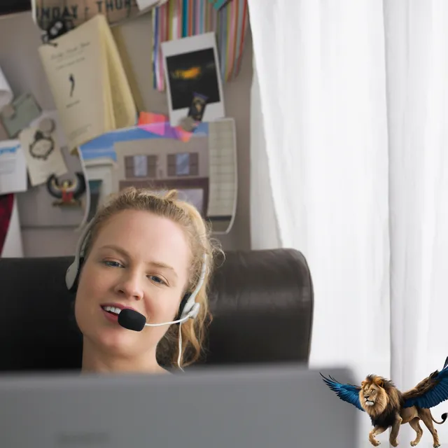 Lachende Frau im Videogespräch am Laptop, auf dem Laptop ein geflügelter Löwe